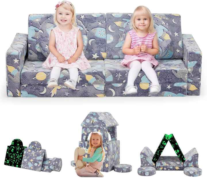 Sofá modular versátil para sala de juegos infantil de 12 piezas con brillo verde