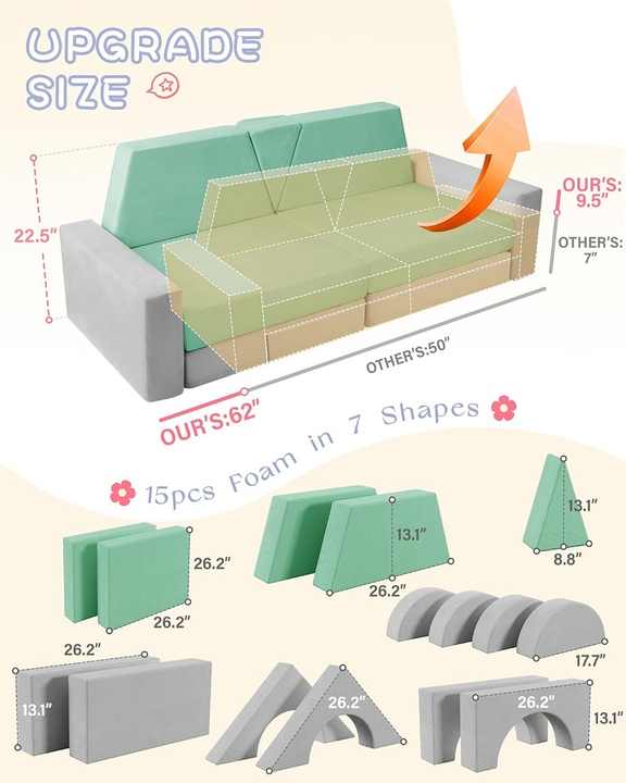 Kits de construcción modular de espuma para sala de juegos infantiles de 15 piezas y sofá