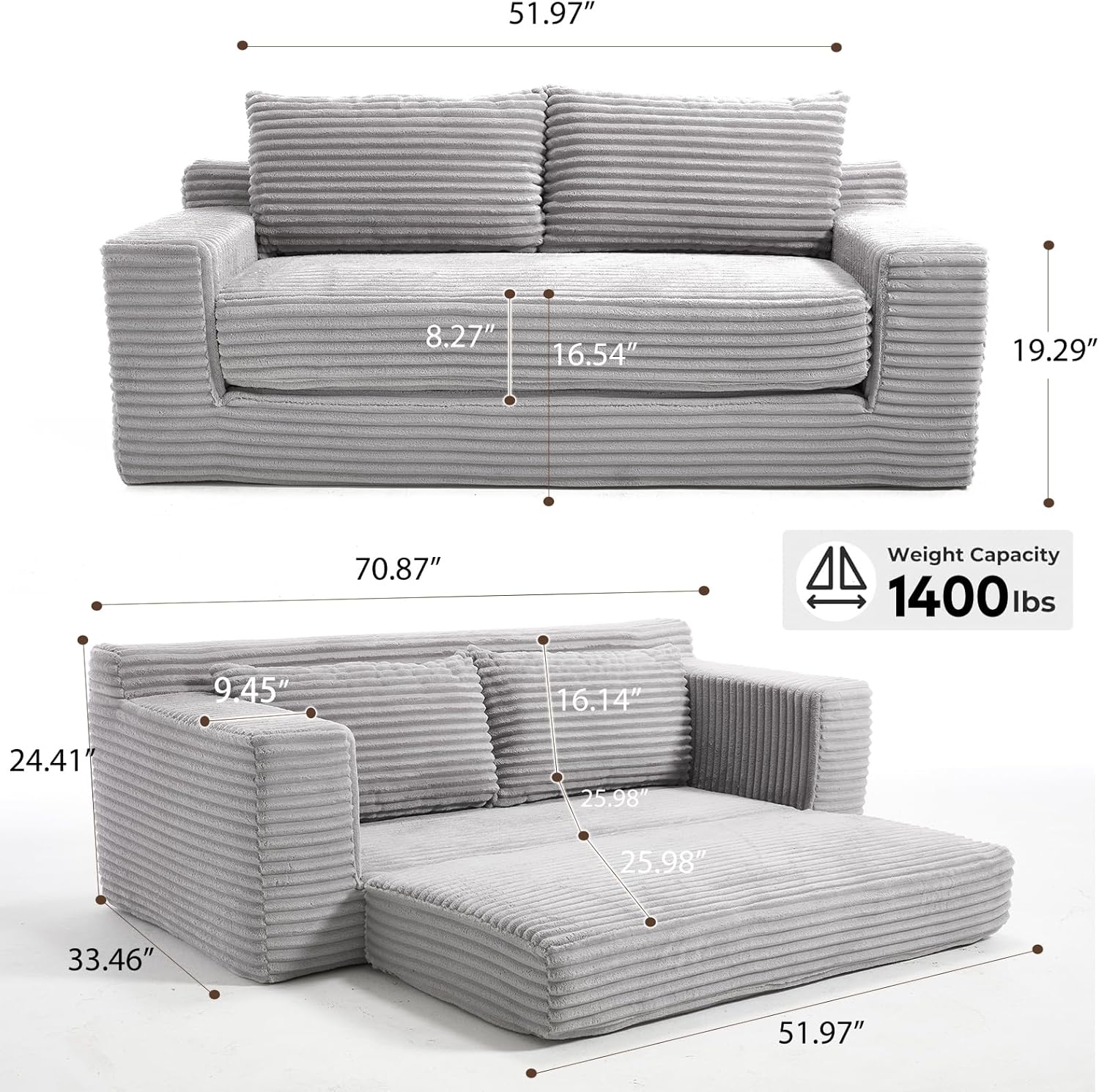 Sofá de compresión Loveseat de 70 cm con cómodo asiento profundo para sala de estar y apartamento