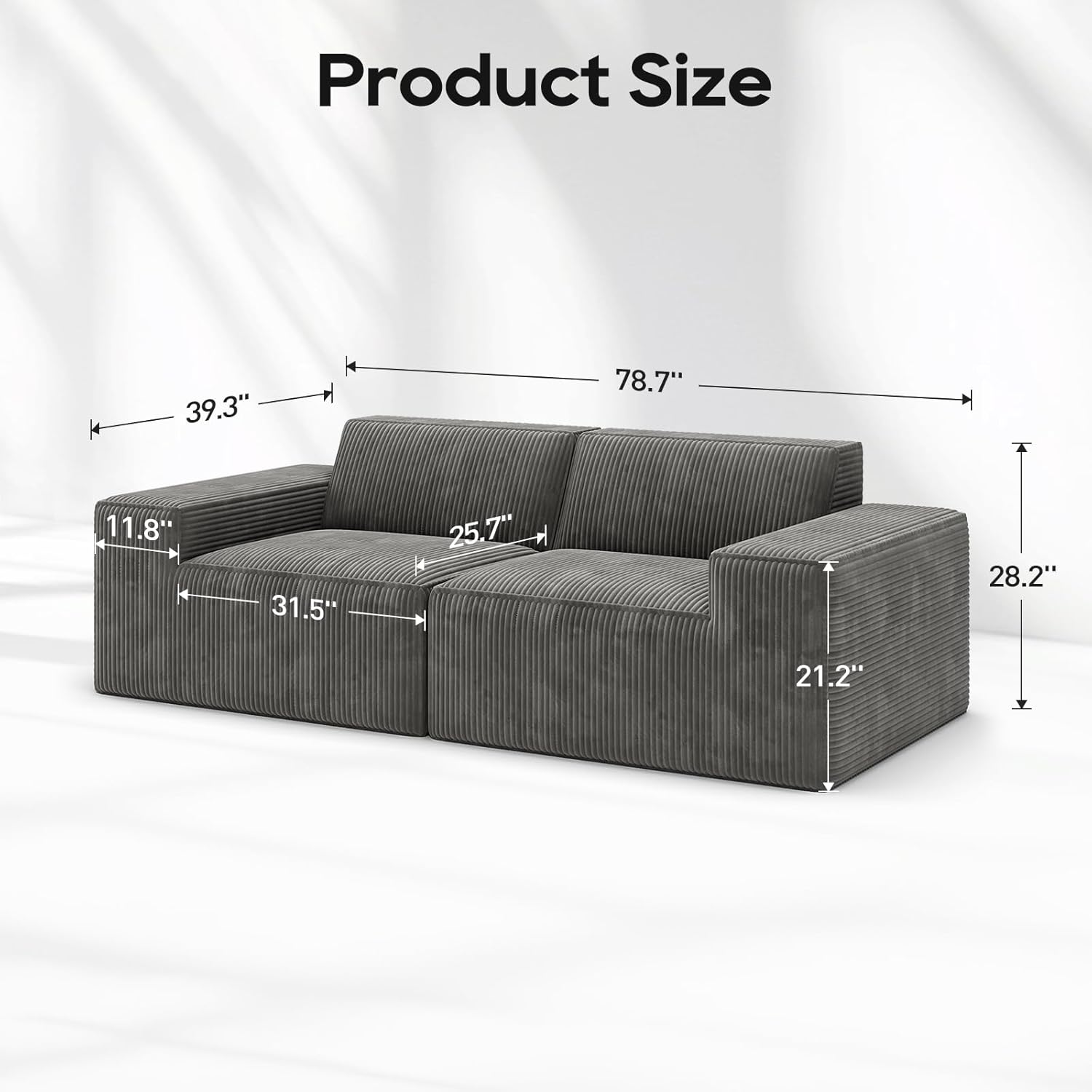 Sofá modular seccional de pana de 2 plazas con asiento comprimido al vacío
