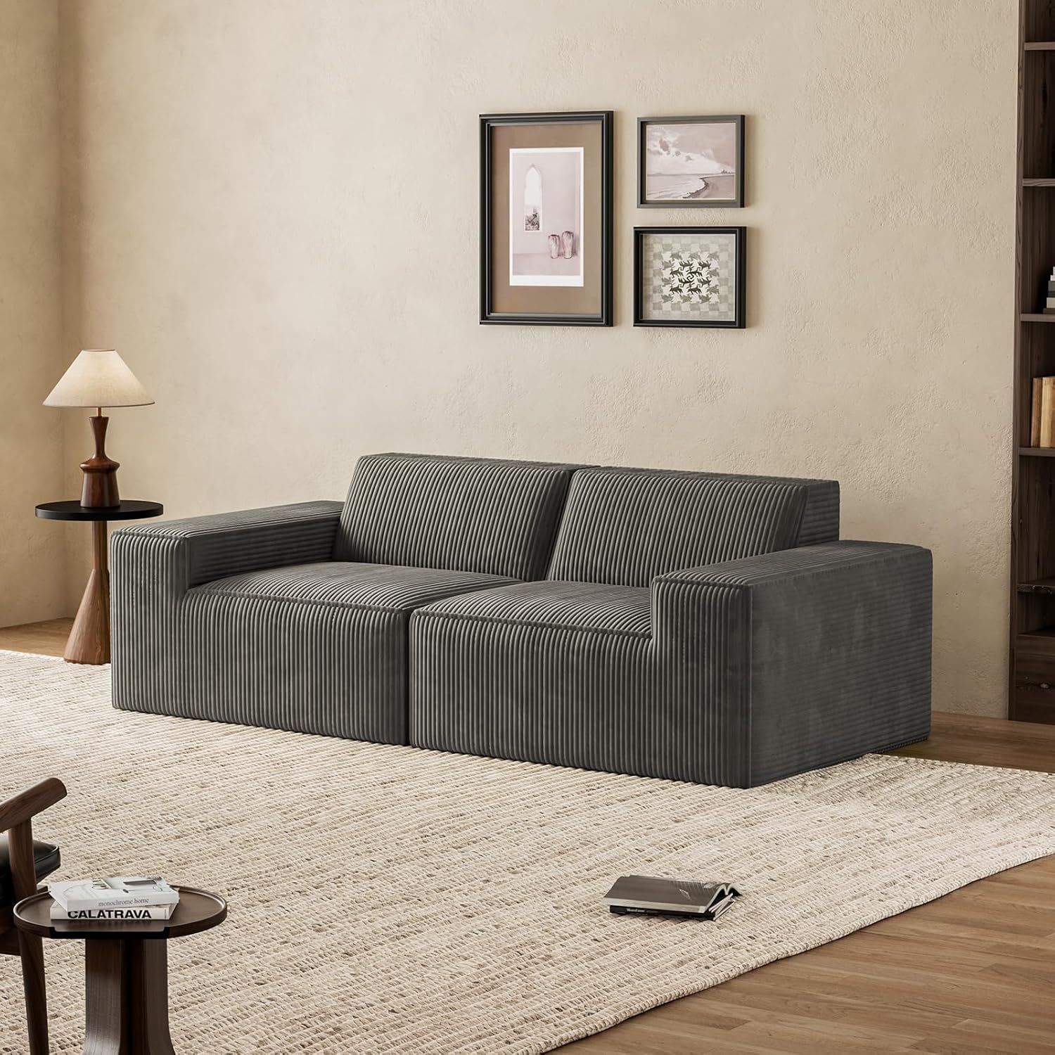 Sofá modular seccional de pana de 2 plazas con asiento comprimido al vacío