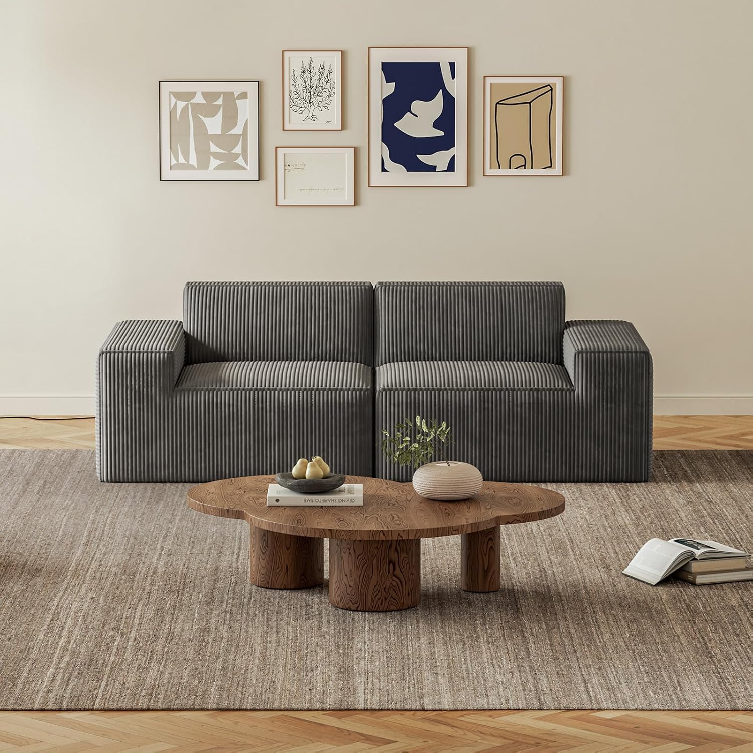 Sofá modular seccional de pana de 2 plazas con asiento comprimido al vacío