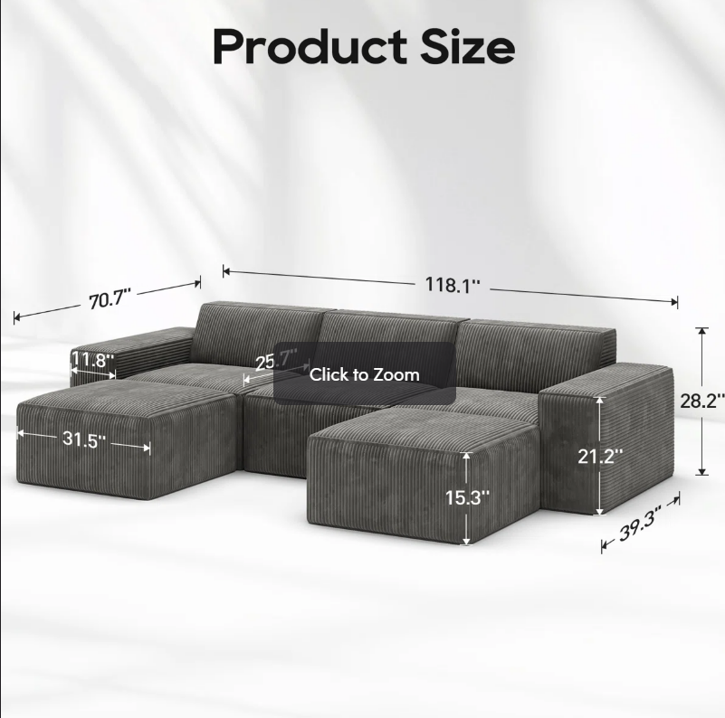 Sofá modular seccional de pana de 3 plazas