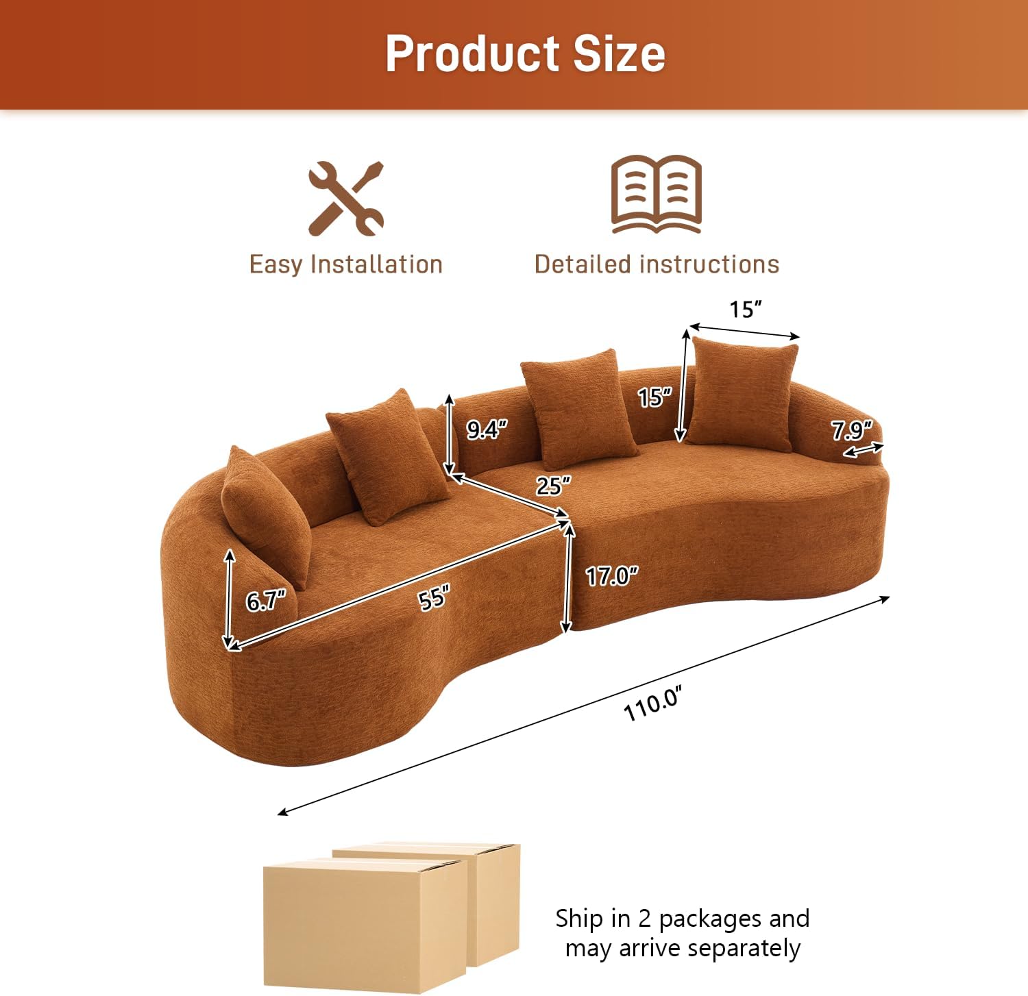 Conjunto de sofá minimalista moderno curvo de 110"